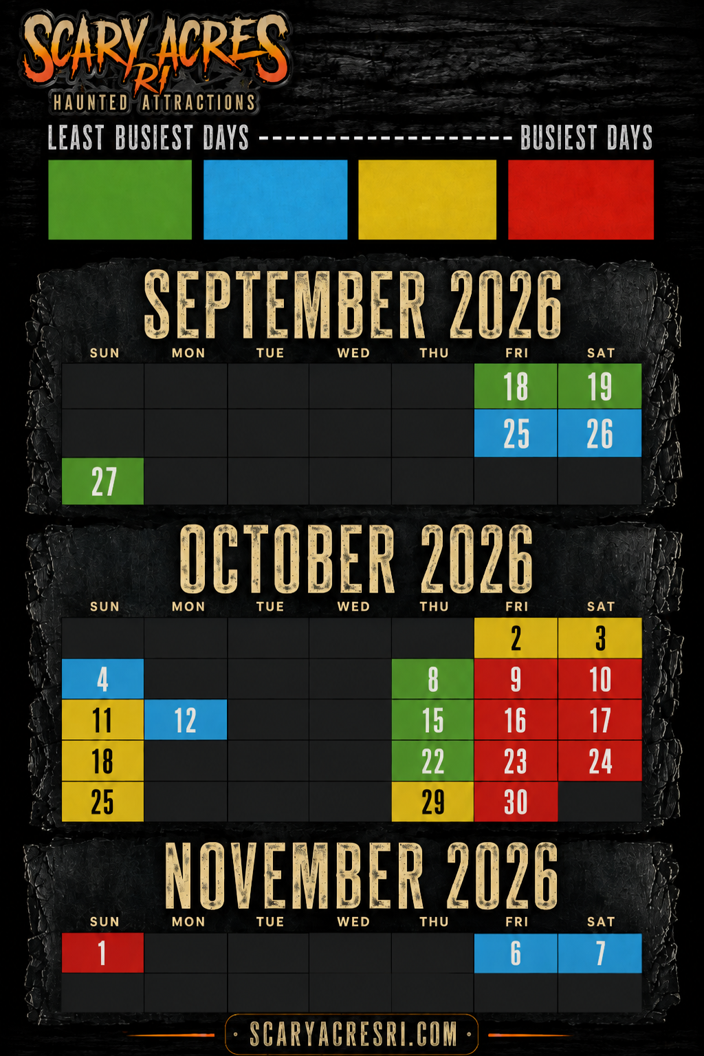 Scary Acres RI 2026 season calendar showing operating dates in September, October, and November color-coded by expected crowd level